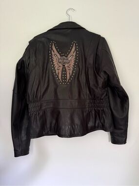 Harley Davidson Jacket Womens 2XL Y2K Vtg Leather Motorcycle Studded Biker Wings